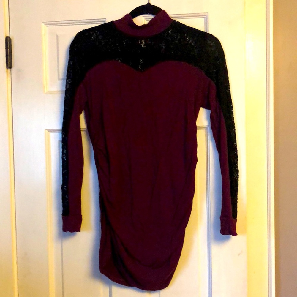 Long maroon and black lace maternity shirt